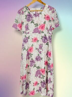 Vintage 90s Floral Printed Cottagecore Short Sleeve Chiffon Fowy MIDI Dress